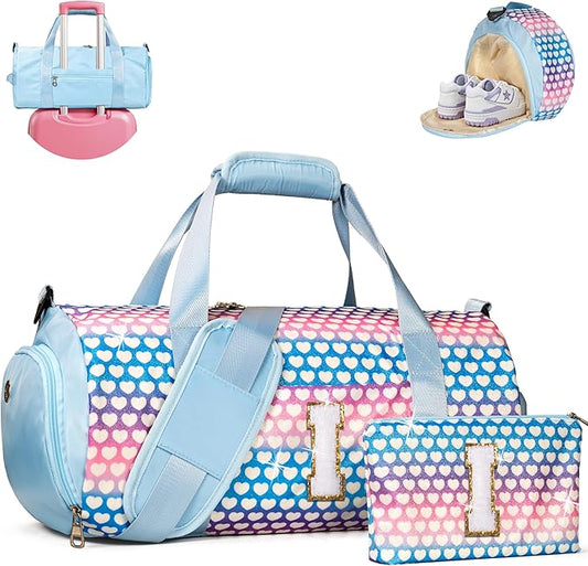 Birthday Gifts for Daughter, Girls Travel Duffel Bag, Kids Initial Overnight Bags with Shoe Compartment, Initial Duffle Bag with Makeup Pouch, Gift for 8-12 Year Old Girl (Letter I)