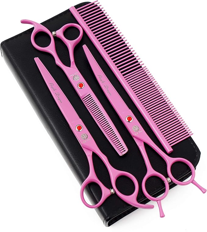 Purple Dragon 7.0 inch Pink 3PCS Pet Grooming Scissors Cat Dog Hair Cutting & Thinning Shears Set for Women Female Pet Groomer