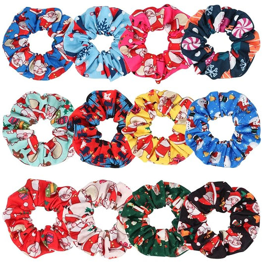 12 PCS Christmas Hair Scrunchies Snowflake Santa Christmas Tree Antlers Elk Snowman Hair Ties Soft Elastic Hair Bands for Women Girls Gifts Ponytail Holders Hair Accessories