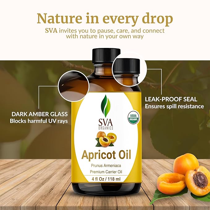 SVA Apricot Seed Oil Organic - 4 Fl Oz – 100% Natural Cold Pressed Organic Apricot Oil - for Face, Skin Care, Hair Care, Scalp Massage & Body Massage – Carrier Oil with Dropper