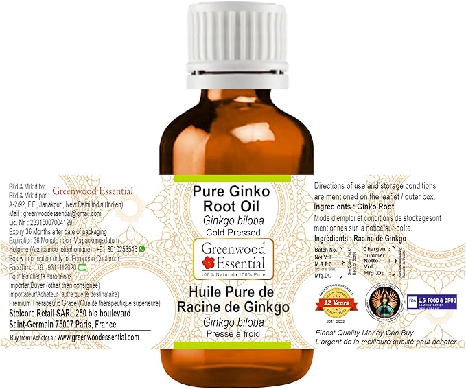 Greenwood Essential Ginko Root Oil (Ginkgo biloba) | Cold Pressed | Natural | Undiluted | For Diluting Essential Oils | For Skin & Massage | Men & Women | 10ml (0.33 oz)
