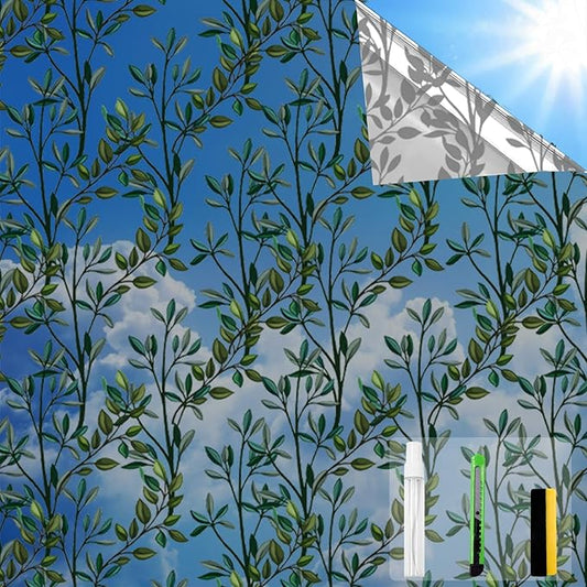 One Way Privacy Film, Window Tint for Home,Daytime Reflective, Anti UV Static Cling Sliding Door Coverings No Glue Garage Solar Paper (Black - Silver-Leaves, 17.5 x 78.7 in)