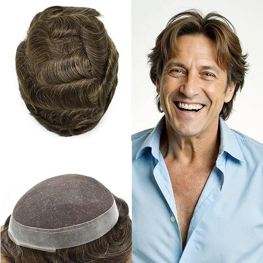 Mens Toupee Human Hair Piece French Lace Toupee for Man Hair System Indian Human Hair Replacement Systems V-Looped PU Front Hairpieces 7"X9" #410 Medium Brown with 10% Gray