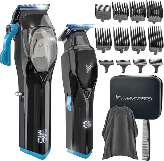 HUMMINGBIRD Pro Series Hair Clippers and Trimmer Set – 9,000 RPM Brushless Motor, DLC Blade, Zero-Gapped T-Blade Trimmer, Cordless USB-C Rechargeable, Super Torque, Carry Case, Professional Barber Kit