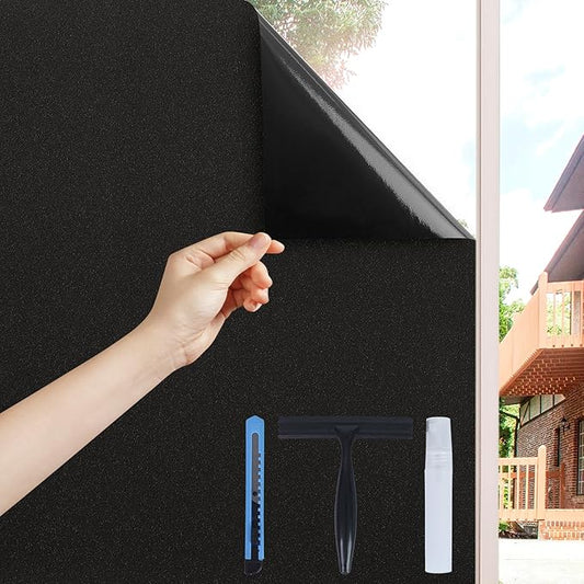Volcanics Blackout Window Film with Installation Tools, Privacy Frosted Sun Blocking Black Window Cover Room Darkening Window Tint for Home Static Cling 100% Light Blocking 35.4 x 78.7 Inches