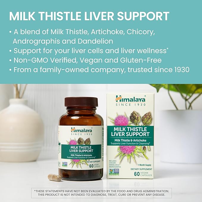Himalaya Milk Thistle Liver Support - with Chicory, Andrographis, Dandelion, and Silymarin for Liver Cleanse, Detox and Function - Vegan, Non-GMO, Gluten Free, 350 mg, 60 Capsules