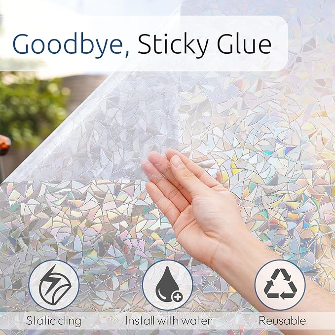rabbitgoo Window Privacy Film Rainbow Film Decorative Window Sticker, 3D Static Stained Glass Cling Tint for Home Heat Control Non-Adhesive, 29.5 x 118.1 inches