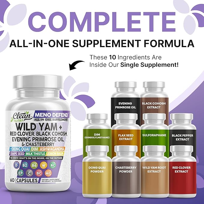 Clean Nutra Wild Yam Root Capsules with Red Clover Black Cohosh Evening Primrose Oil Chasteberry Dong Quai DIM Ashwagandha Grape Seed Extract Milk Thistle Lemon Balm and more Hormone Balance For Women