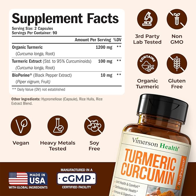 Turmeric Curcumin Supplement with Black Pepper Extract - High Potency Organic Turmeric 1200mg & 95% Curcuminoids for Joint & Digestive Health - Joint Support Supplement - 180 Vegan Curcuma Capsules