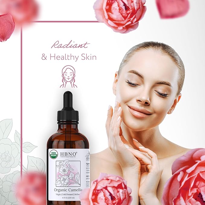 HBNO Organic Camellia Oil - Huge 4 oz (120ml) Value Size - USDA Certified Organic Camellia Oil, Cold Pressed Carrier Oil for Face, Body, Lips, Nails, Shampoo & Conditioner