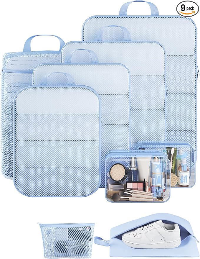 Veken 9/11 Set Compression Packing Cubes for Travel Essentials,Compressible Expandable Large Luggage Suitcase Organizer Bags for Clothing,Durable Space Saver Storage Bags(Light Blue)