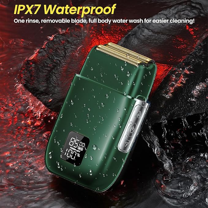 Electric Foil Shavers for Men, 3 Speed Electric Razor for Men, High Speed Dual Floating Blades, IPX7 Waterproof Wet & Dry, LED Display, USB Type C Charging, Foil Razor for Face/Beard/Head (Green)