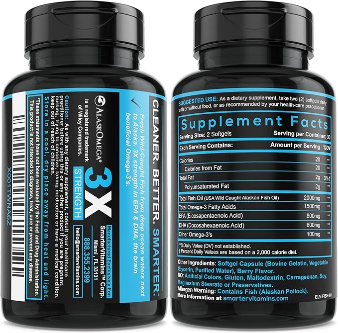 (5 Pack) Smarter Omega 3 Fish Oil, Berry Flavor, Burpless, Tasteless, 2000mg, Potent Triple Strength DHA EPA Brain Omega-3, Made with AlaskOmega®