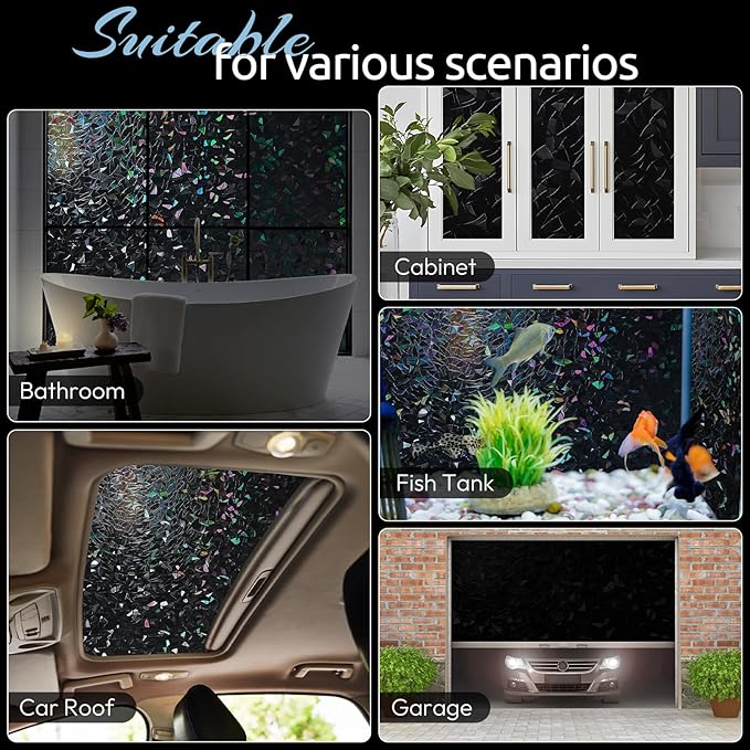 rabbitgoo Window Privacy Film Rainbow Film Decorative Window Sticker, 3D Static Stained Glass Cling Tint for Room Darkening Day Sleep, Black, 29.5 x 78.7 inches