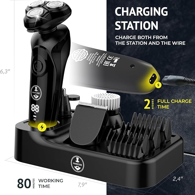 7-in-1 Electric Razor for Men with USB Charging Station - Shaver with Floating 8 Contouring Technology and IQ Cleaning Sensor