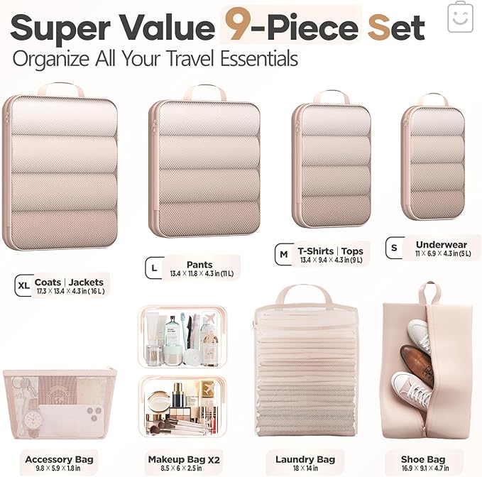 Veken 9/11 Set Compression Packing Cubes for Travel Essentials,Compressible Expandable Large Luggage Suitcase Organizer Bags for Clothing,Durable Space Saver Storage Bags with Toiletry Bags(Beige)