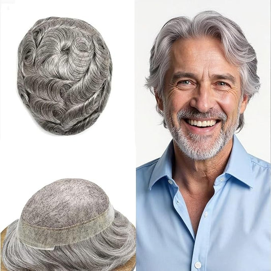 FACE MIRACLE Lace Front Mens Toupee Human Hair System Swiss Lace Center Toupee for Men Thin Skin PU Around Hair Replacement System V-Looped Mens Hair Wig Units 6"X9" #1B80 Off Black with 80% Gray