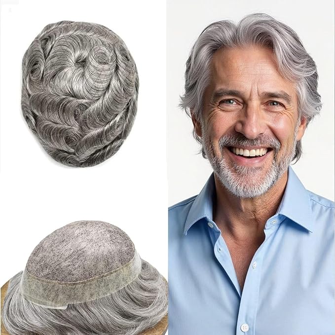 FACE MIRACLE Lace Front Mens Toupee Human Hair System Swiss Lace Center Toupee for Men Thin Skin PU Around Hair Replacement System V-Looped Mens Hair Wig Units 6"X8" #1B80 Off Black with 80% Gray