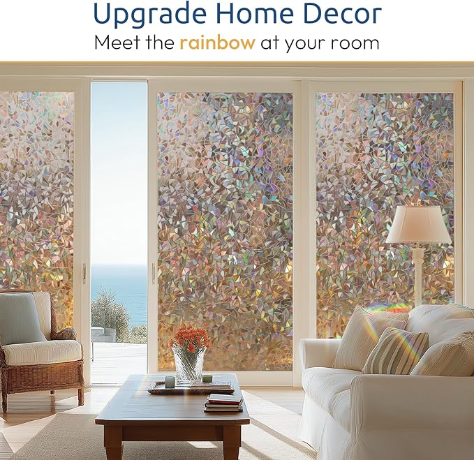rabbitgoo Window Privacy Film Rainbow Film Decorative Window Sticker, 3D Static Stained Glass Cling Tint for Home Heat Control Non-Adhesive, Brown, 17.5 x 157.4 inches