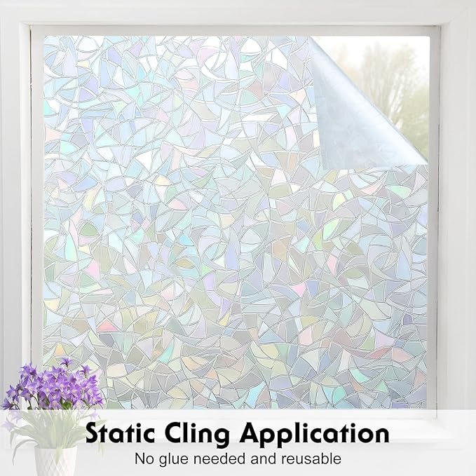 Volcanics Rainbow Window Privacy Film with Installation Tools, Decorative Stained Glass Window Film, Static Cling Heat Control Window Tinting Film Stickers, Grayish Silver, 17.5 x 78.7 inches