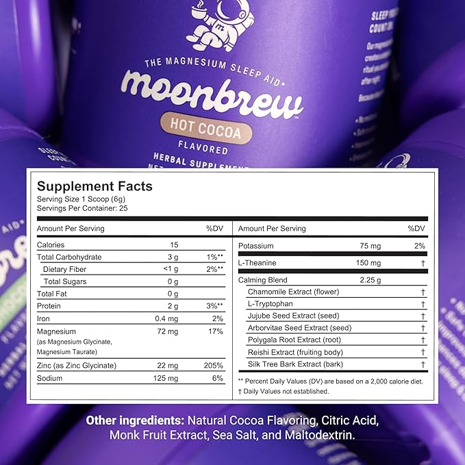 MoonBrew Nighttime Magnesium Hot Cocoa Jar, Natural Sleep Aid Drink Mix for Adults - Calming Melatonin-Free Sleep Support - Sleepy Hot Chocolate Powder with L-Theanine, Chamomile & Zinc Glycinate