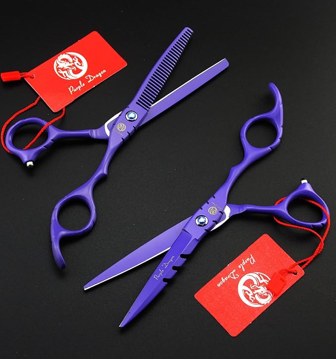 Purple Dragon Professional Japan 440C Hair Salon Cutting Shear and Barber Thinning Scissor Hairdressing Shear Set with Bag