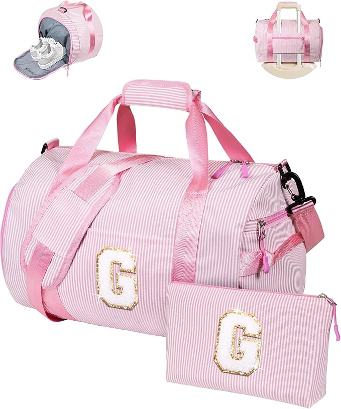 Dance Recital Gifts, Girls Travel Duffle Bag, Kids Initial Overnight Bags with Shoe Compartment, Personalized Weekender Bag with Makeup Pouch, Gift for 5 6 7 8 9 10 Year Old Kid (Letter G)