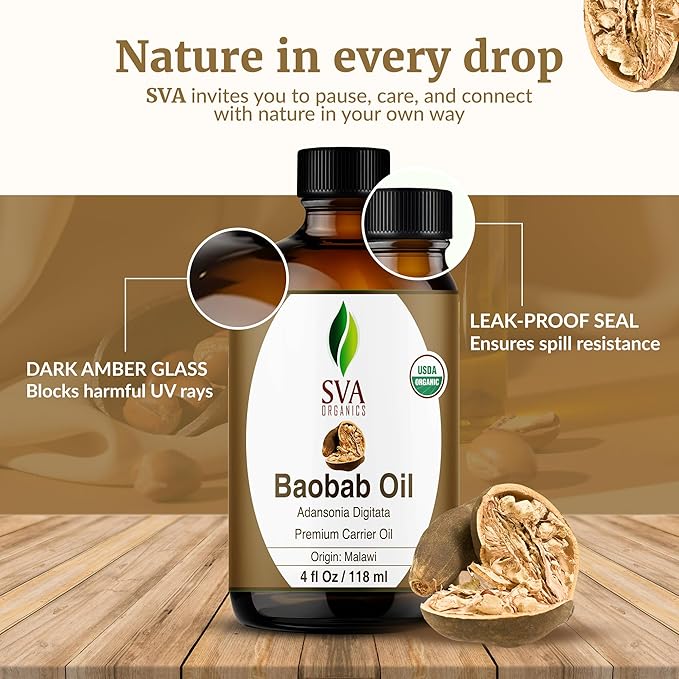 SVA Baobab Seed Oil Organic - 4 Fl Oz – 100% Natural Cold Pressed Organic Baobab Oil - for Face, Skin Care, Hair Care, Scalp Massage & Body Massage – Carrier Oil with Dropper