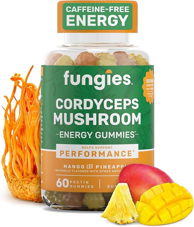 Fungies Cordyceps Mushroom Gummies, Mango & Pineapple Flavor - Mushroom Herbal Supplement Gummy for Adults Supports Endurance, Energy & Performance - Caffeine-Free Energy Gummies - 60 Servings