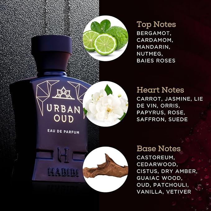 H HABIBI Urban Oud Perfume for Men – 2.5 oz (75ML) Long Lasting Arabian Cologne, Woody Citrus Oud Men Perfume, Luxury Fragrance Gift for Special Occasions