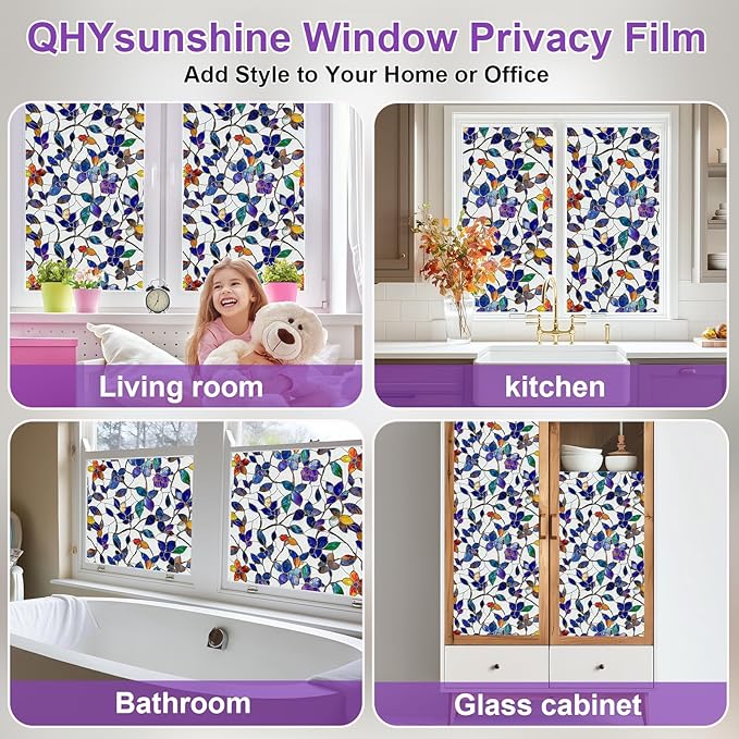 Window Privacy Film Stained Glass Window Film Frosted Window Film Window clings Non-Adhesive Reusable Decorative for Home Removable (Purple Frosted,35.4 X 157.4 in