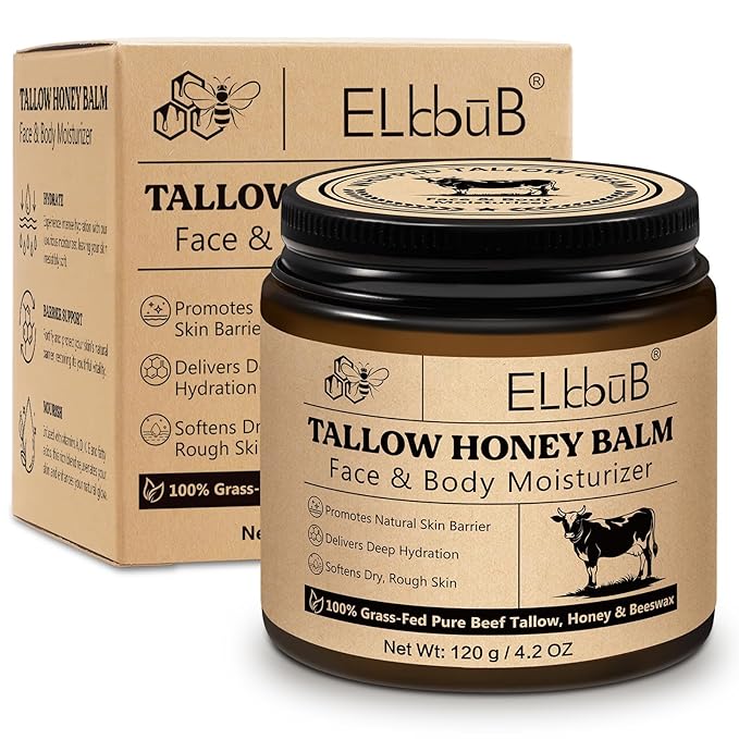 ELBBUB Whipped Tallow Cream for Face & Body - 100% Grass-Fed Beef Tallow, Natural Honey & Beeswax Moisturizer, Deep Hydration & Nourishment, Oil-Free & Unscented, Fast Absorbing