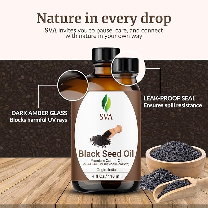 SVA Black Seed Oil - 4 Fl Oz – 100% Natural Cold Pressed Black Seed Oil - for Face, Skin Care, Hair Care, Scalp Massage & Body Massage – Carrier Oil with Dropper