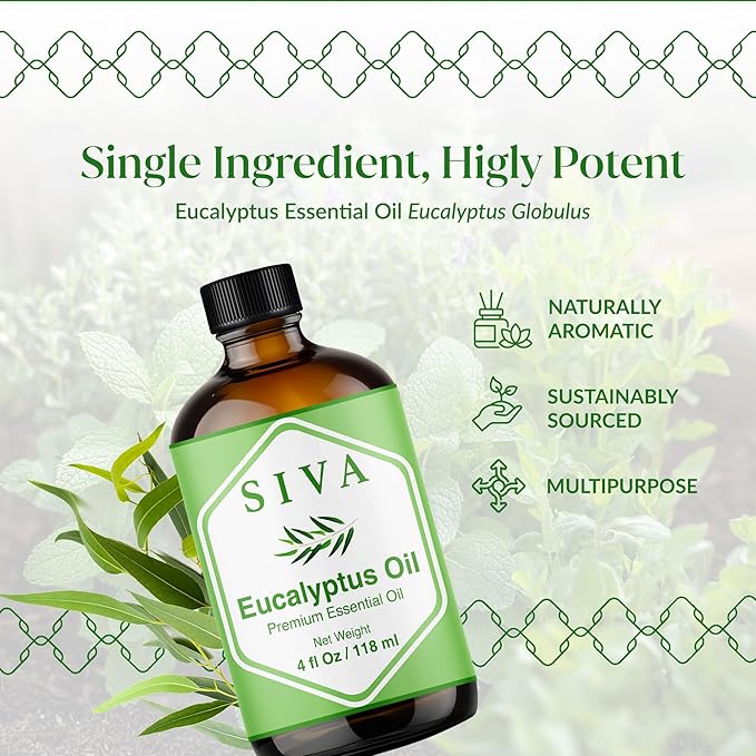 Siva Eucalyptus Essential Oil - 4 Fl Oz – 100% Natural Eucalyptus Oil - for Diffuser, Face, Skin Care, Aromatherapy, Hair Care, Scalp and Body Massage - with Dropper