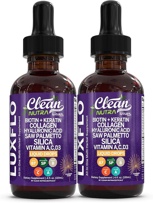 Biotin Liquid Drops Collagen Keratin Hyaluronic Acid Saw Palmetto for Hair Skin and Nails Silica Vitamin A C Vitamin D Bamboo Turmeric Zinc Folate Magnesium Horsetail LuxGlo by Clean Nutra - 2Pack