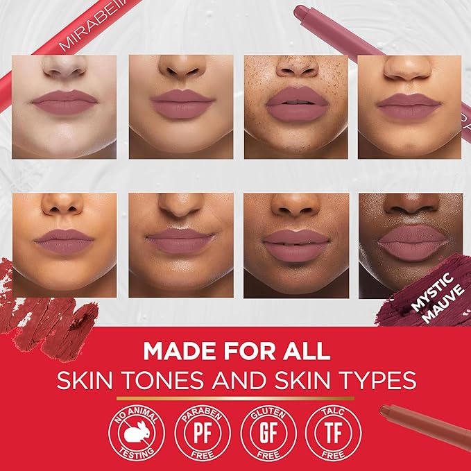 Mirabella - Velvet Matte Lip Crayon, Retractable Highly-Pigmented 2-in-1 Makeup, Long-Lasting Hydrating Lipstick Crayon + Lip Liner, Moisturizing Cream-to-Matte Lipcare Formula, Mystic Mauve