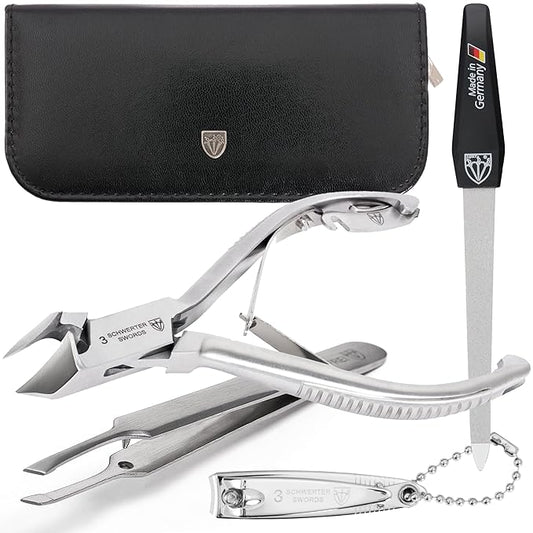 3 Swords Germany - Brand Quality Professional Toe Nail Nipper Set Stainless Steel INOX Wave Nipper, Head Cutter, Nail File Finger Clipper, Tweezers with case for ingrown Toe Nails by 3 Swords (202)