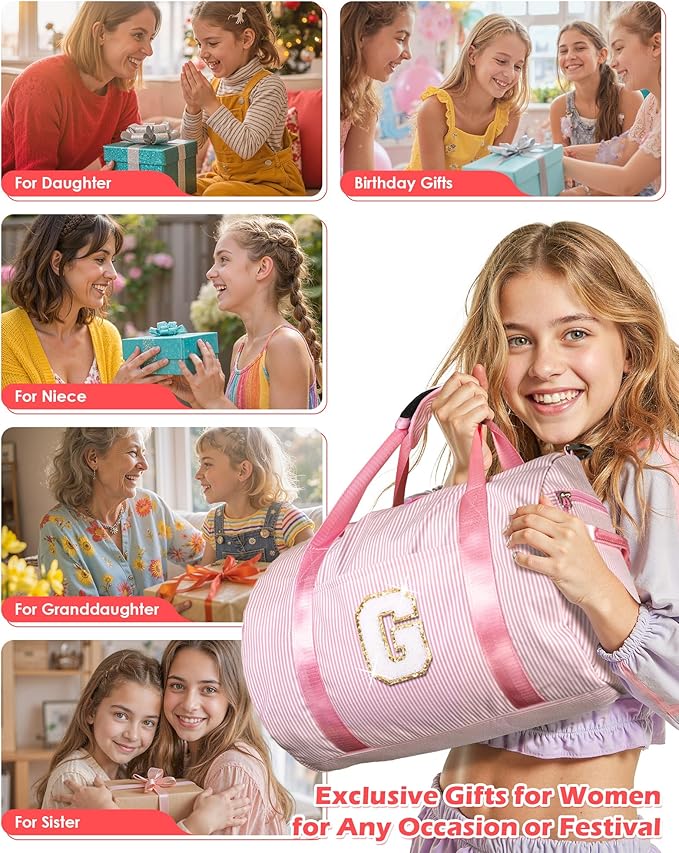 Teen Girl Gifts Trendy Stuff, Girls Travel Duffle Bag, Kids Initial Overnight Bags with Shoe Compartment, Personalized Weekender Bag with Makeup Pouch, Gift for 6 Year Old Kid (Letter T)