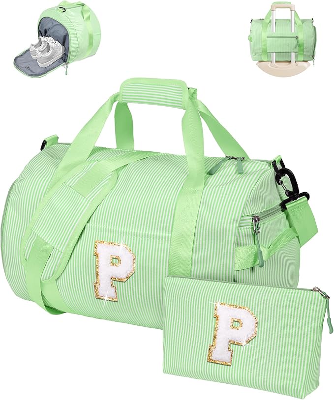 Teen Girl Gifts Trendy Stuff, Girls Travel Duffle Bag, Kids Initial Overnight Bags with Shoe Compartment, Personalized Weekend Bag with Makeup Pouch, Birthday Gift for Kid (Letter P)