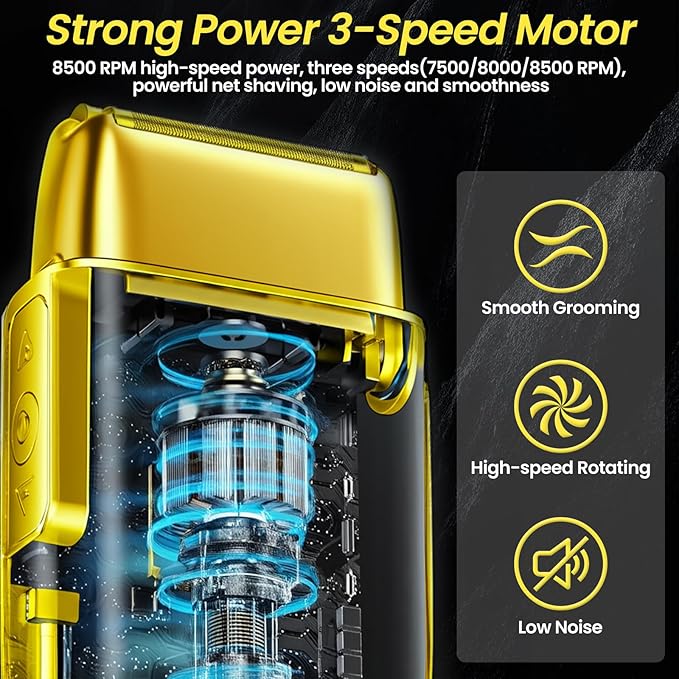 Electric Foil Shavers for Men, 3 Speed Electric Razor for Men, High Speed Dual Floating Blades, IPX7 Waterproof Wet & Dry, LED Display, USB Type C Charging, Foil Razor for Face/Beard/Head (Gold)