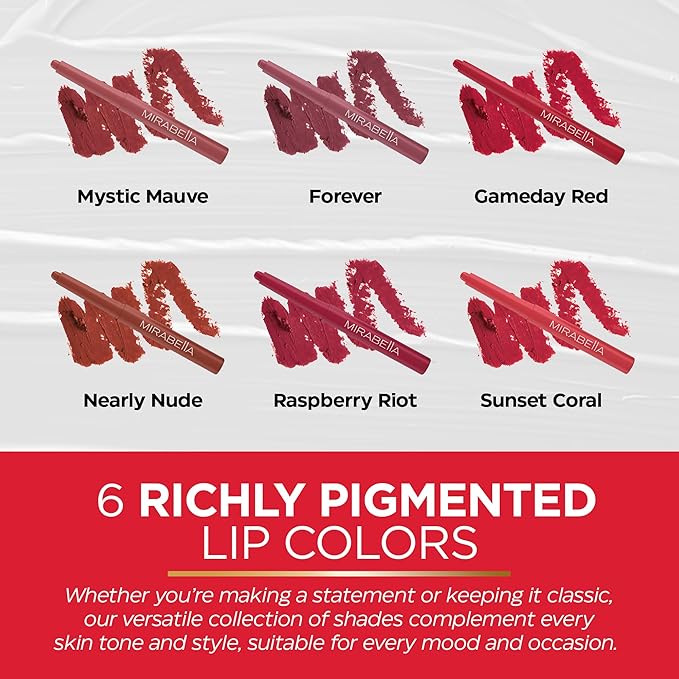 Mirabella - Velvet Matte Lip Crayon, Retractable Highly-Pigmented 2-in-1 Makeup, Long-Lasting Hydrating Lipstick Crayon + Lip Liner, Moisturizing Cream-to-Matte Lipcare Formula, Gameday Red