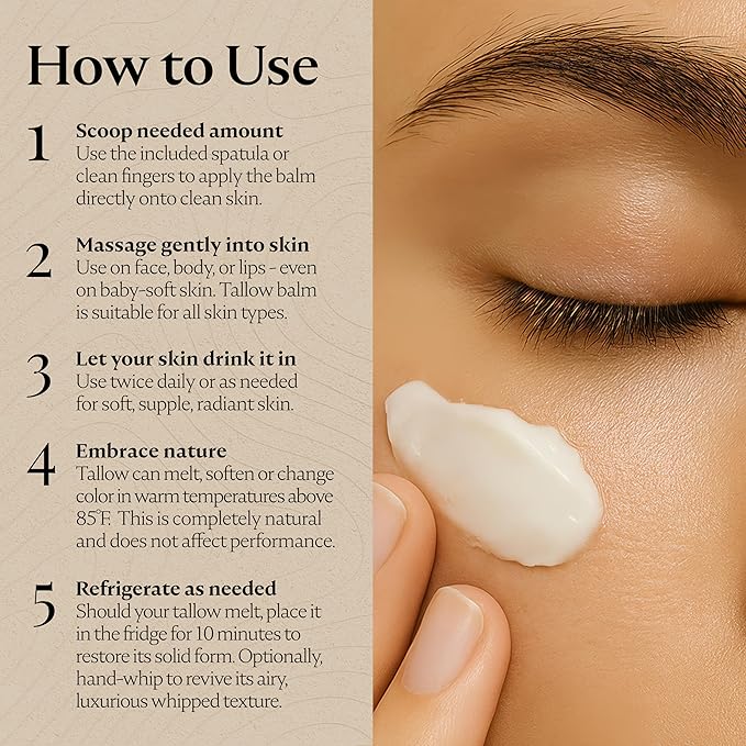 Earth Guru Whipped Beef Tallow for Skin 2oz, 100% Natural Beef Tallow and Honey Balm, Face Moisturizer & Body Lotion Cream, Grass-Fed & Finished, Sebo De Res Para La Cara, Organic Olive Oil, Manuka