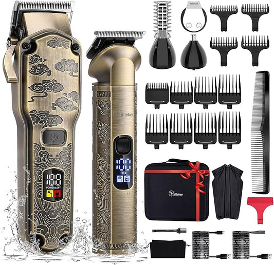 Hatteker Professional Hair Clippers for Men Beard Trimmer Clippers and Trimmer Set Waterproof T-Blade Trimmer Cordless Grooming Kit Nose Body Hair Trimmer Barber Clippers Hair Cutting Kit