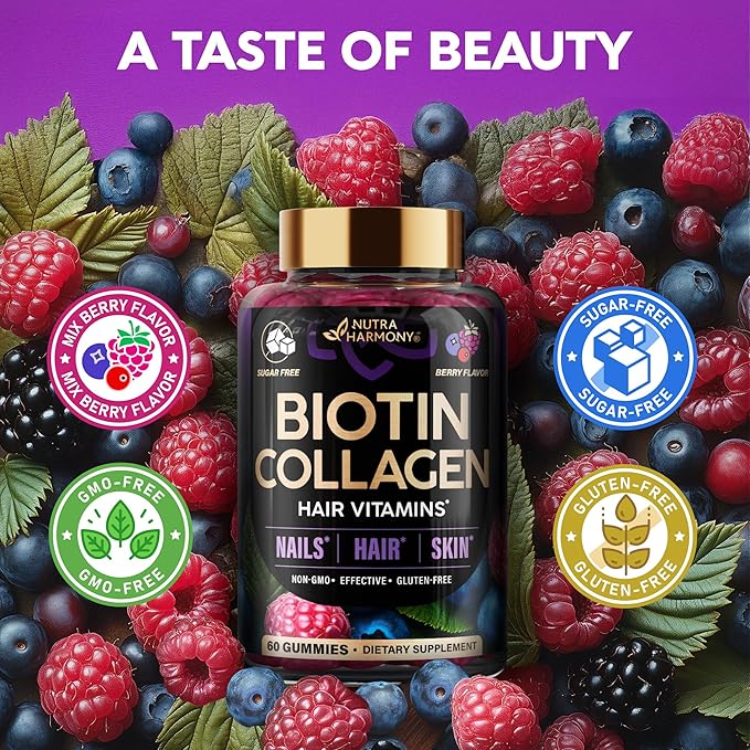 Biotin Gummies with Collagen - Hair Growth Support Skin, & Nail Strength - for Women & Men - Biotin 10000mcg | Keratin | Hyaluronic Acid | B-Complex | Saw Palmetto - Sugar-Free, Mixed Berry, Pack of 2