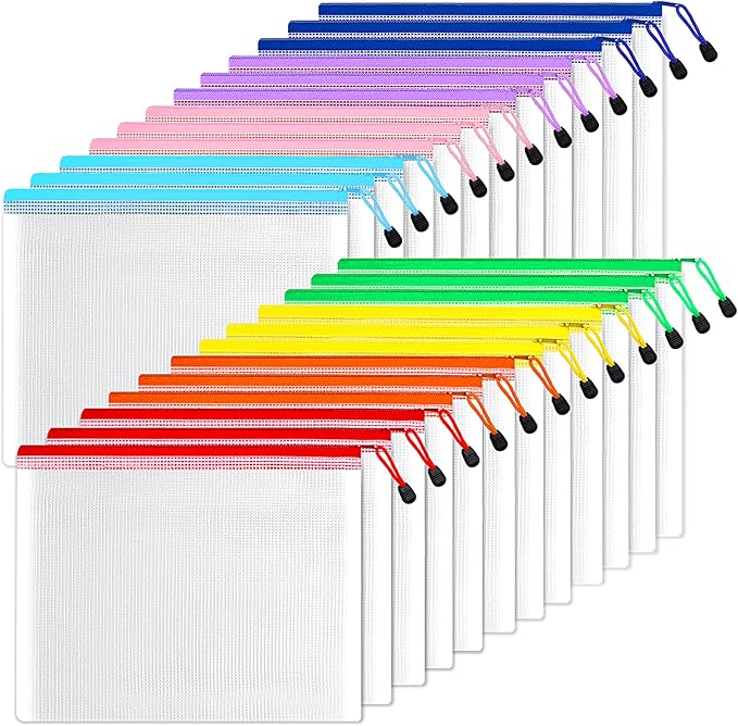 SUNEE Mesh Zipper Pouch 9.2x12.5 in (6 Colors, 24 Packs),Extra Large Water-Resistant Zip Bag for School Office Supplies, Puzzles & Games Organizing Storage