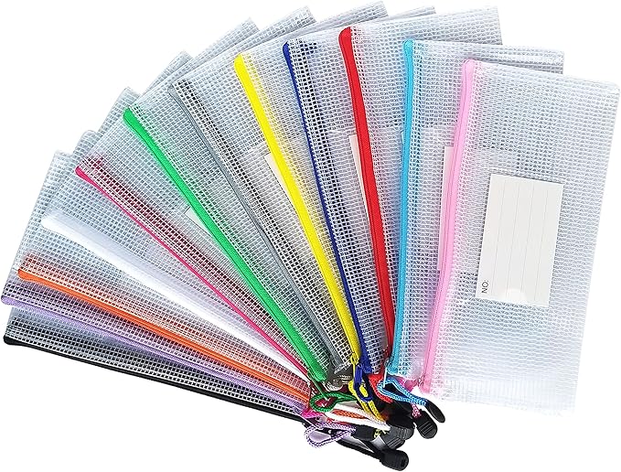 AUSTARK Plastic Mesh Zipper Pouch, 12Pcs Zipper File Bags with Label Pocket, Game Boards Storage Bags, Waterproof Document Storage Bags for Office Home Travel (Receipt Size 9.2x4.1 in)