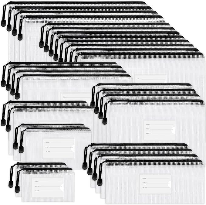 EOOUT 30pcs Mesh Zipper Pouch Bags, Waterproof, Plastic Zip File Document Folders, 8 Sizes Zipper Pouch for School Office Supplies Cosmetics and Board Game Storage