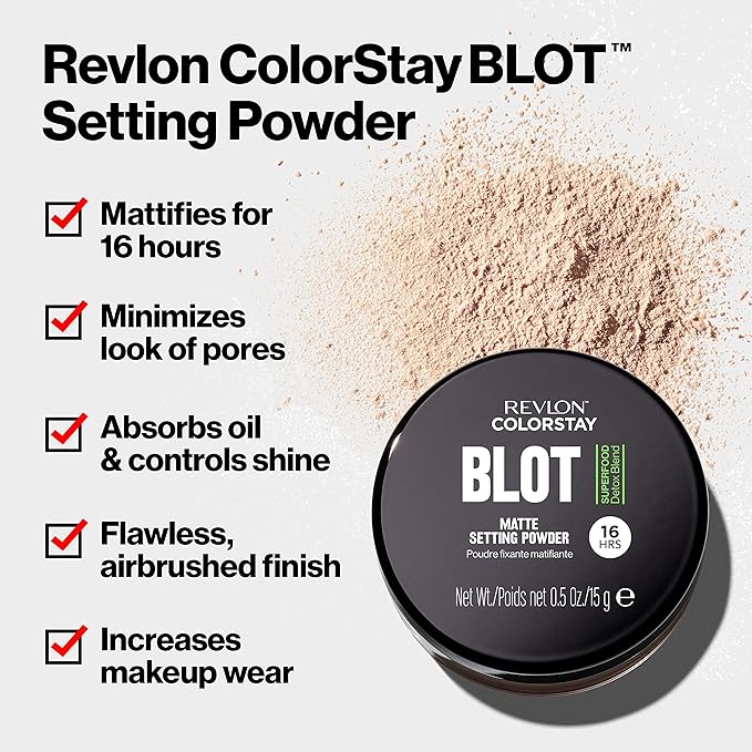 Revlon ColorStay Blot Face Powder, Mattifying, Blurring & Oil Absorbing Setting Powder, Stocking Stuffer for Her, Blurs Imperfections, 0.5 oz