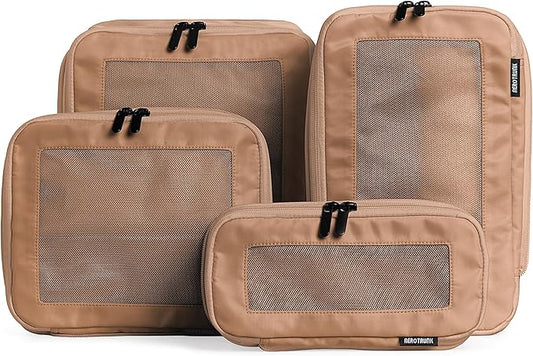 Aerotrunk Compression Packing Cubes for Travel - Luggage Organizer Bags - Double Zipper Packing Cubes for Suitcases (4-Pack, Mocha)