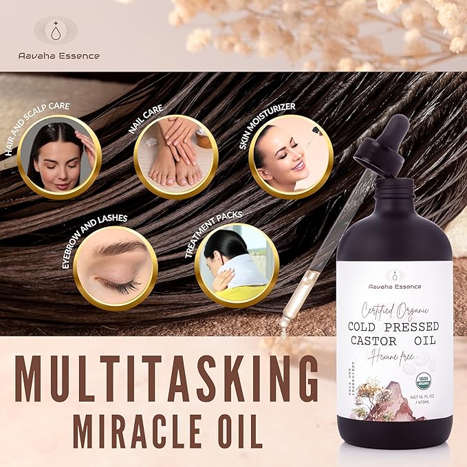 Organic Castor Oil – Cold-Pressed, Hexane-Free, 100% Pure & USDA Certified – Cold Pressed Oil for Hair, Skin, Eyelashes & Brows – 16 oz Glass Bottle with Dropper + Mini Glass Roll-On